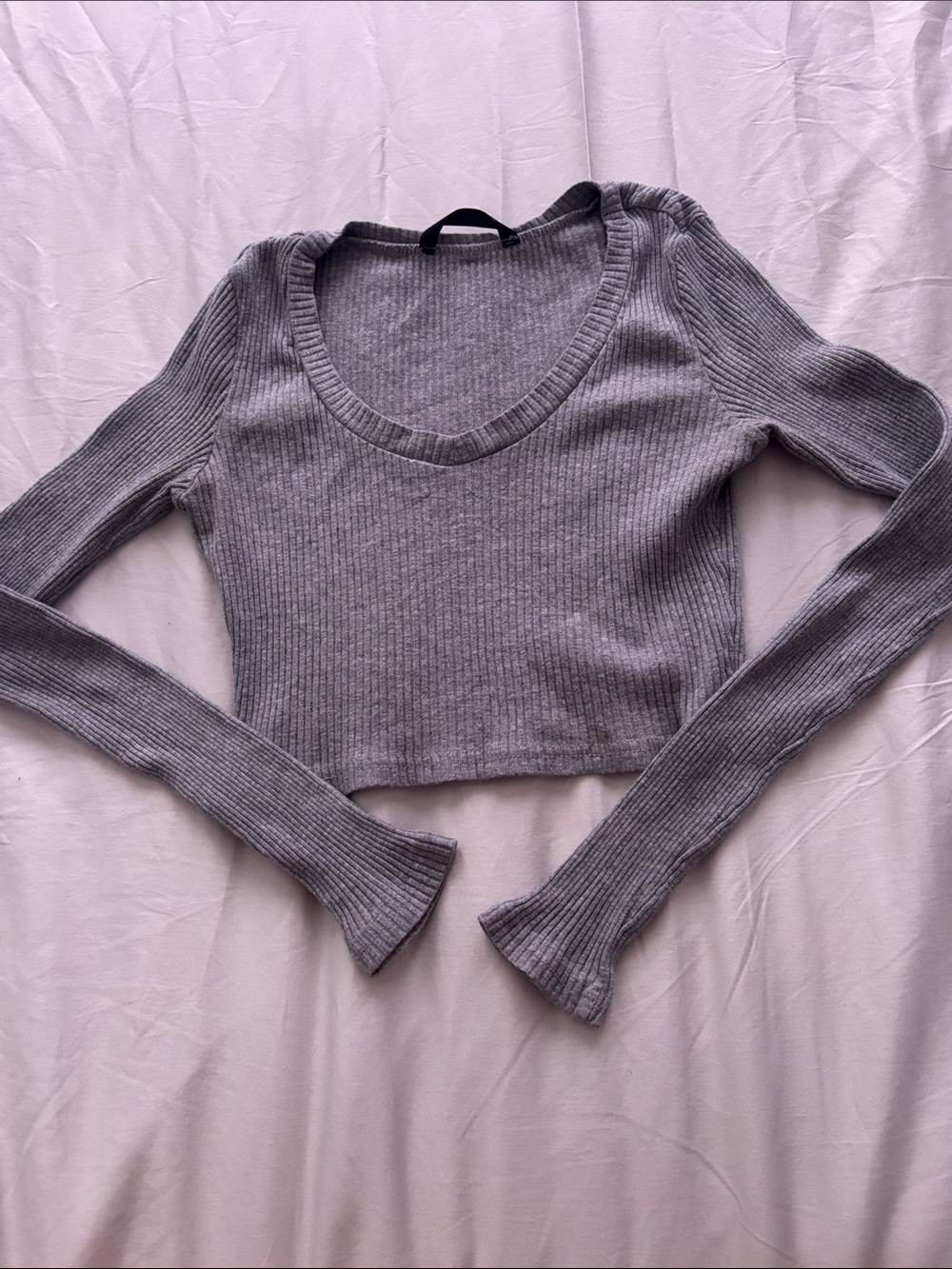 Ribbed Scoop Neck Long Sleeve Crop Top - Gray